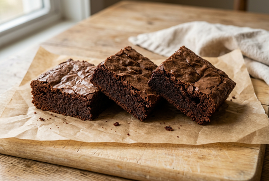 Homemade fudgy brownie squares with delicate crackly tops and dense chocolate centres on parchment over a wooden board.