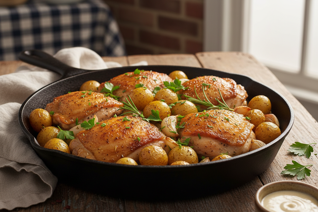 Golden crispy chicken thighs with roasted baby potatoes in cast iron skillet garnished with fresh herbs