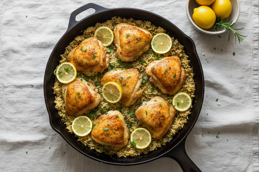 One-pan lemon herb chicken and rice in a cast iron skillet with golden crispy chicken thighs, fresh parsley, and lemon slices