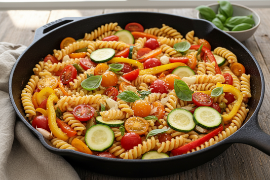Colorful one-pan pasta primavera with fresh vegetables like cherry tomatoes, zucchini, bell peppers, and basil in large skillet