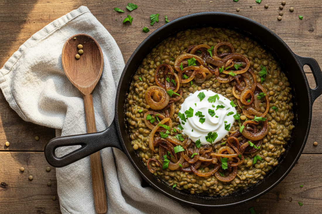 Overhead view of braised lentils with caramelised onions in a Dutch oven, garnished with fresh parsley and yoghurt