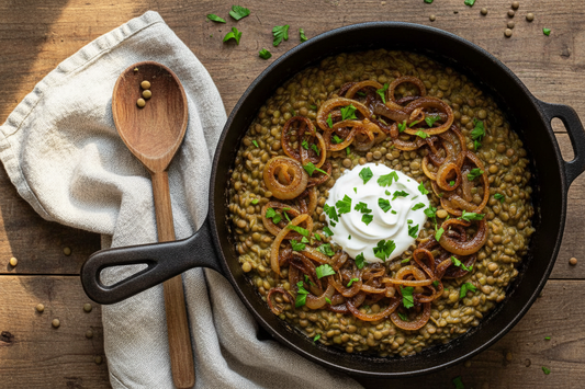 Overhead view of braised lentils with caramelised onions in a Dutch oven, garnished with fresh parsley and yoghurt