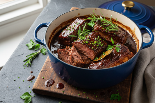 Tender braised short ribs in rich dark sauce in Dutch oven, meat falling off the bone with fresh herbs