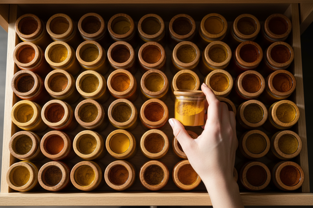  neatly organised spice cupboard with dark glass jars of spices in warm golden and amber tones — the foundation of a functional Grounded Kitchen spice pantry.