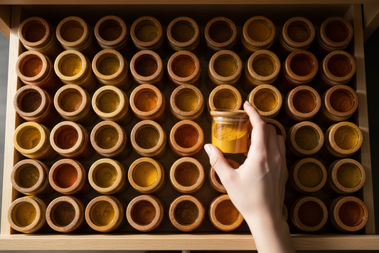 neatly organised spice cupboard with dark glass jars of spices in warm golden and amber tones — the foundation of a functional Grounded Kitchen spice pantry.