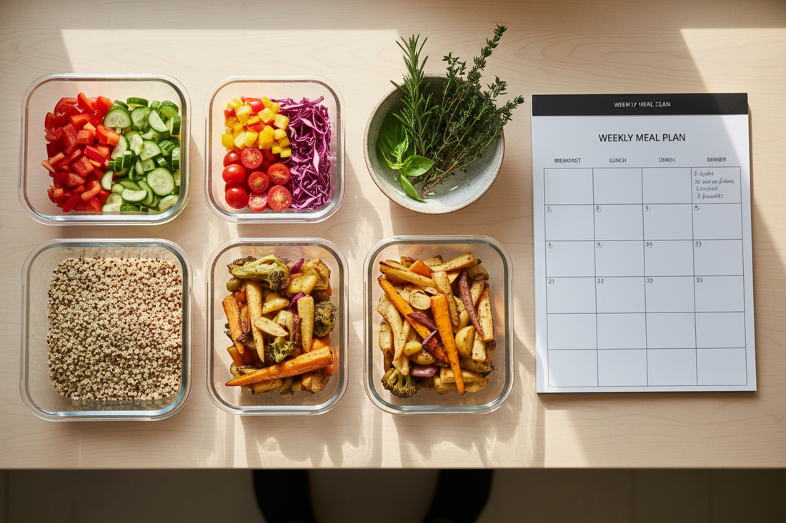 Organized kitchen counter with meal prep components in glass containers including cooked grains, chopped vegetables, and fresh herbs with meal planning notebook