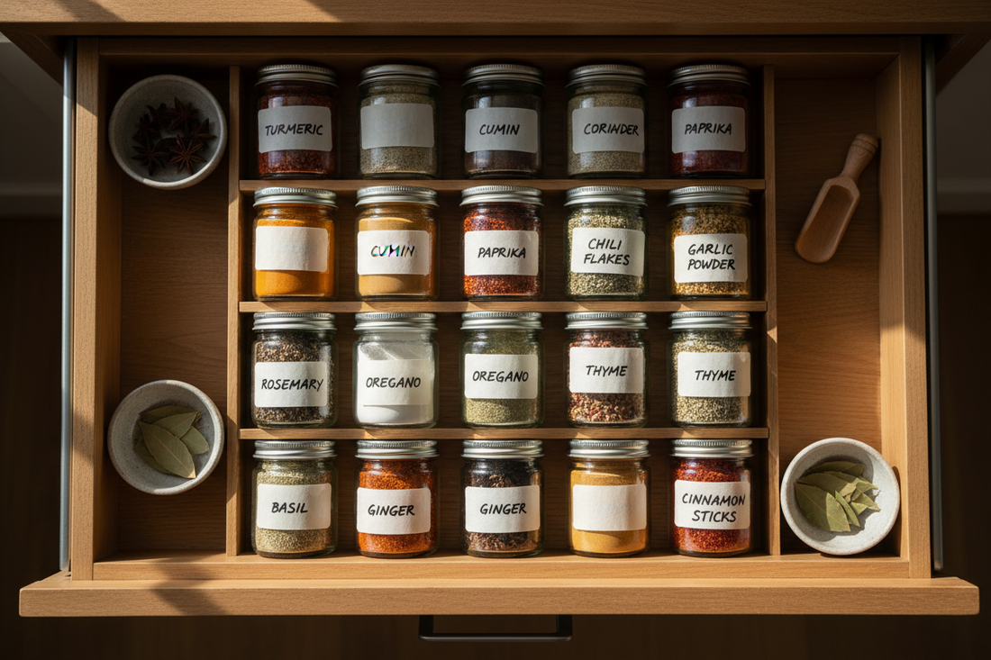Organized spice jars arranged neatly in a kitchen drawer with natural lighting and handwritten labels
