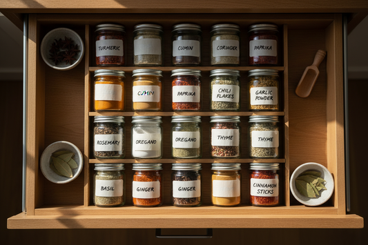 Organized spice jars arranged neatly in a kitchen drawer with natural lighting and handwritten labels