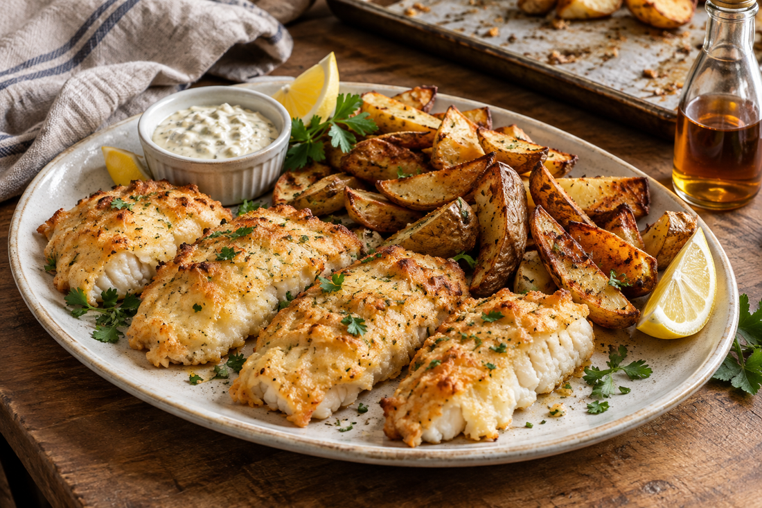 Golden oven-baked pickerel fillets with roasted potato wedges, lemon wedges and tartar sauce on a ceramic platter.