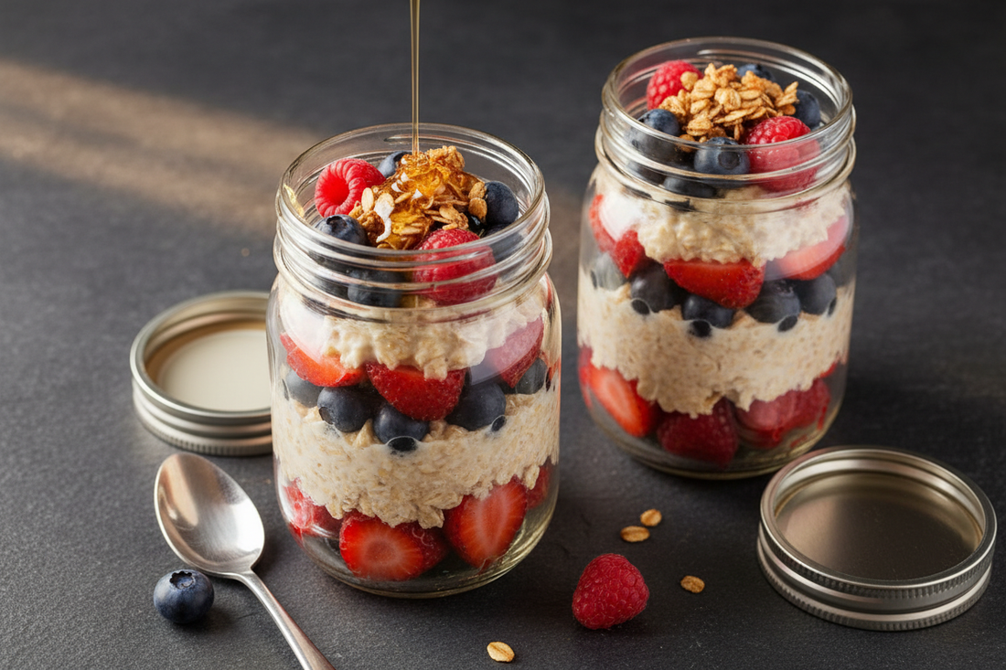 Two glass jars of overnight oat parfait layered with creamy oats and mixed berries, topped with granola and a drizzle of honey, on a dark slate surface shot at a 45-degree angle with soft natural side light