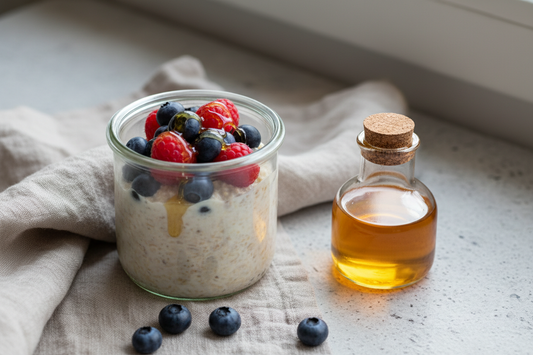 A glass jar of creamy overnight oats topped with fresh blueberries, raspberries, and a drizzle of maple syrup, styled on a linen and stone surface.