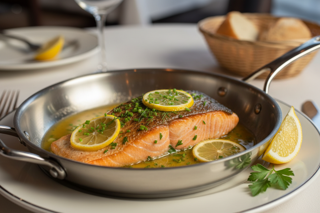Pan-seared salmon fillet with crispy golden skin in stainless steel skillet topped with lemon butter sauce and fresh herbs