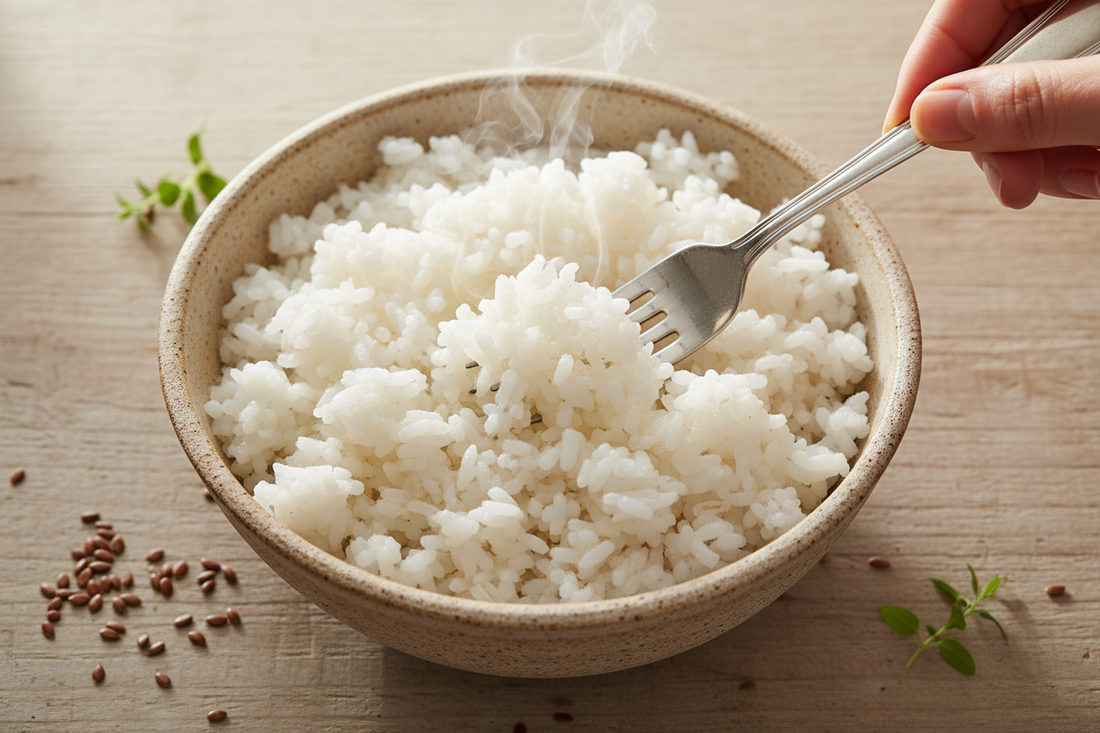 Perfectly cooked fluffy white rice in a ceramic bowl being fluffed with a fork in natural light