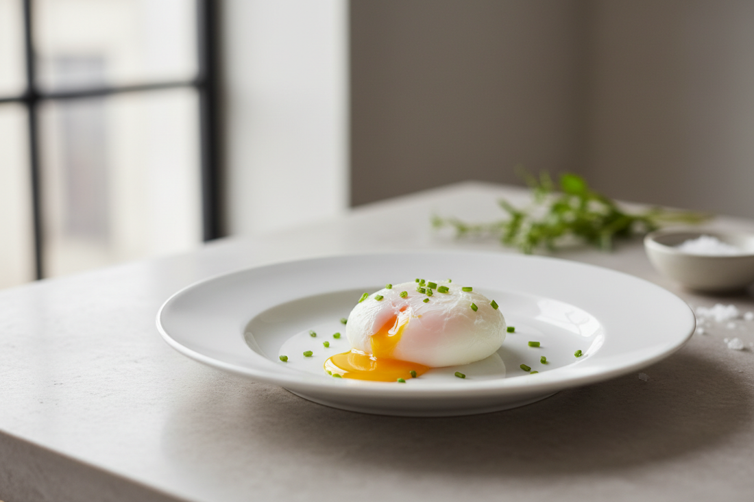 Perfectly poached egg with golden runny yolk on white plate, professional food photography with natural lighting