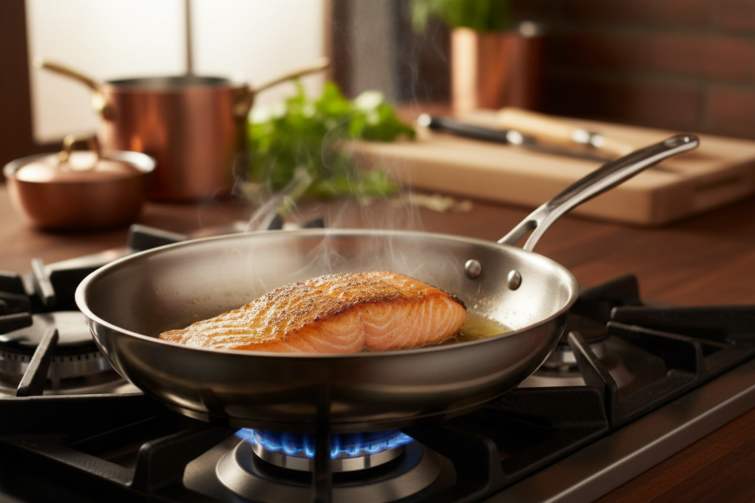 Perfectly seared salmon with golden crust in a stainless steel pan on a gas stovetop demonstrating proper heat control