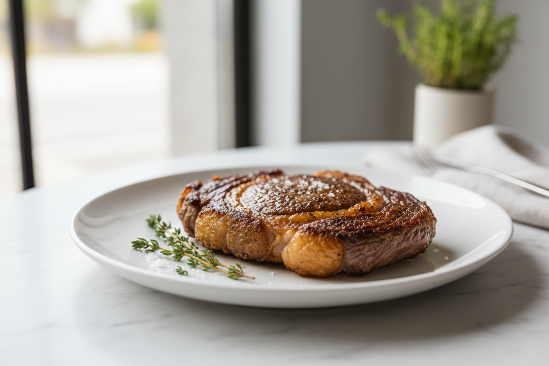 Perfectly seared steak with golden-brown crust on white plate, professional food photography with natural lighting
