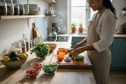 Person confidently chopping vegetables in a calm, organized kitchen with natural light