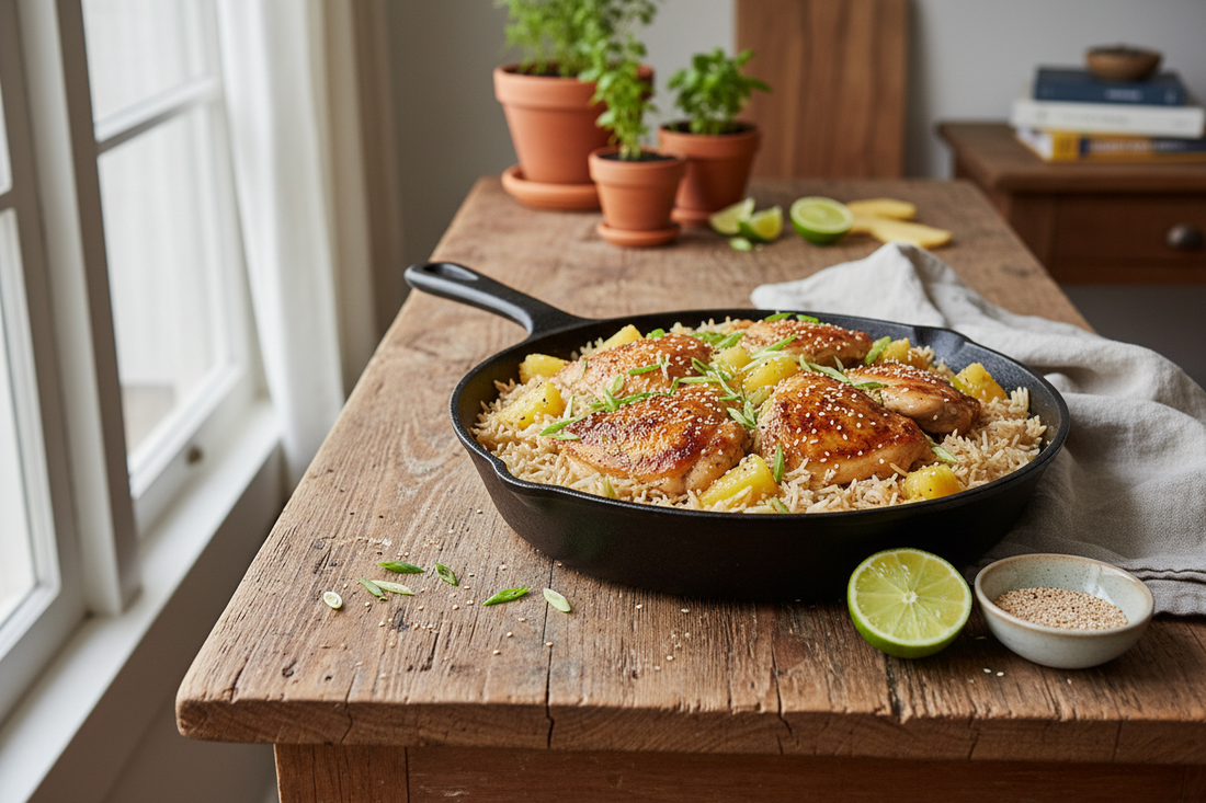 Pineapple chicken and rice in a rustic skillet, golden seared chicken and pineapple chunks nestled in jasmine rice, garnished with sliced green onions and sesame seeds, halved lime alongside, natural window light, warm home kitchen setting.