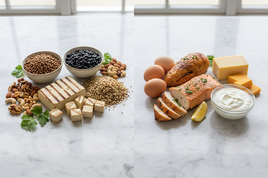 Split composition showing plant-based proteins including beans, lentils, tofu, and nuts alongside animal-based proteins like chicken, fish, eggs, and dairy