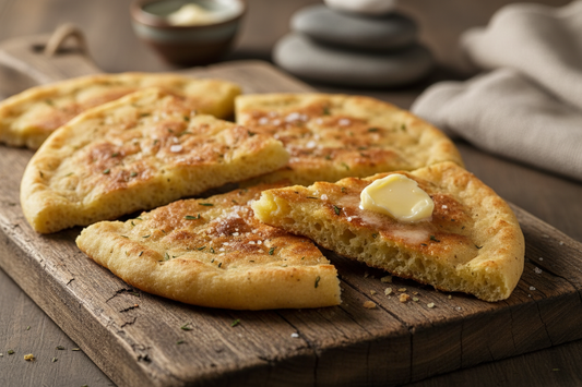 rustic golden-brown flatbread wedges on a worn wooden board, with one wedge broken open to reveal the soft interior and a pat of butter melting on top