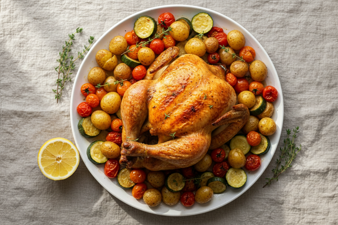 Golden whole roast chicken on a white platter with crispy baby potatoes, blistered cherry tomatoes, and roasted zucchini, styled with fresh thyme and lemon on a linen tablecloth.