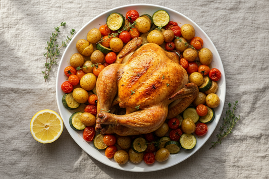 Golden whole roast chicken on a white platter with crispy baby potatoes, blistered cherry tomatoes, and roasted zucchini, styled with fresh thyme and lemon on a linen tablecloth.