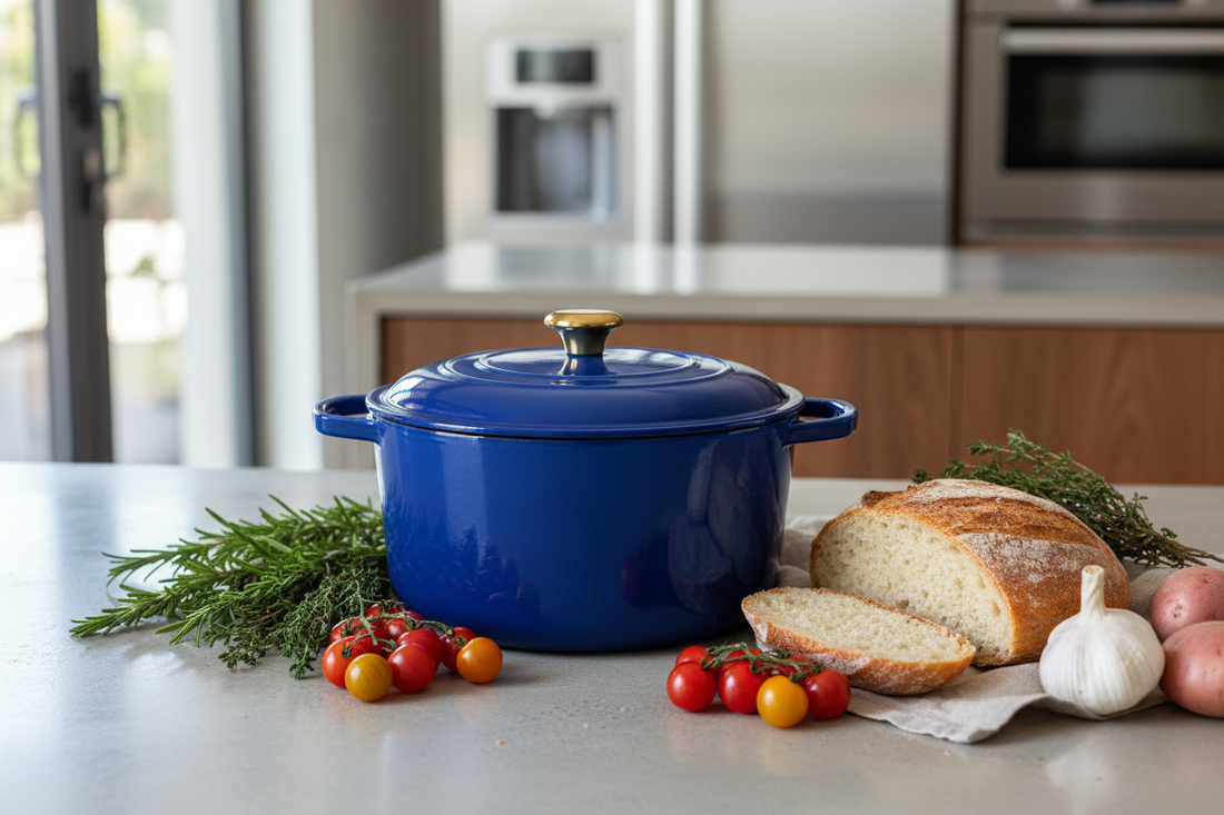 Premium enameled Dutch oven with fresh ingredients on modern kitchen counter