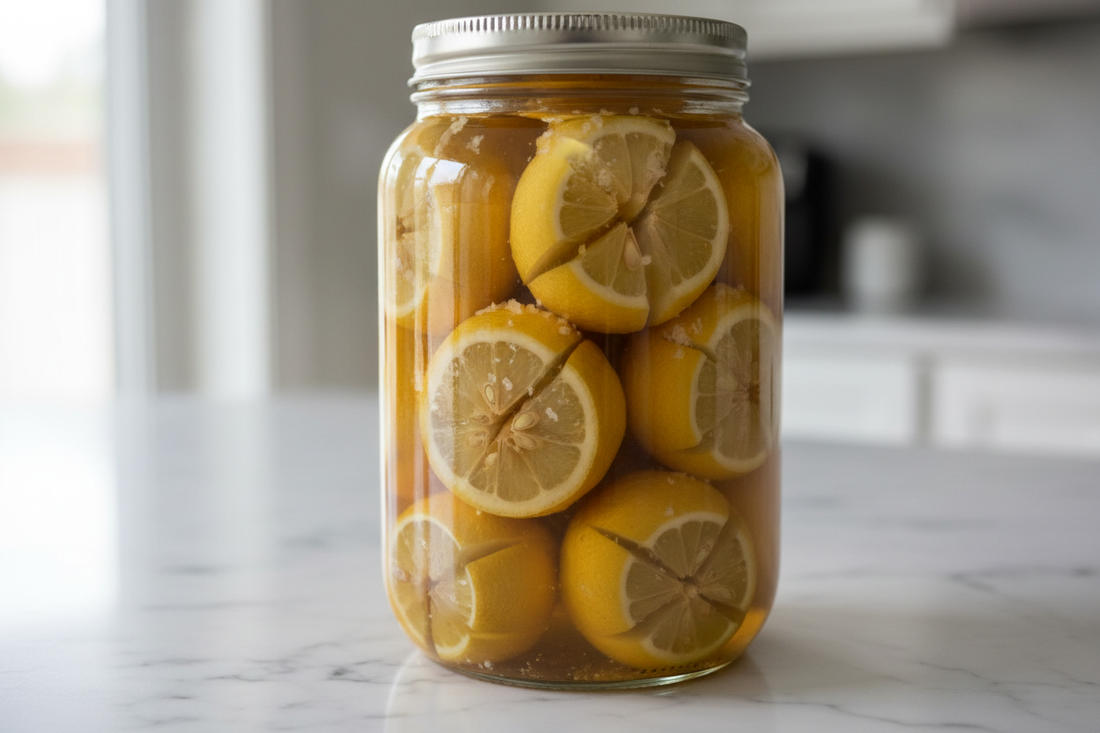 A glass jar packed with lemons cut in an X shape and opened into a blossom, their quartered interiors visible through the glass with golden brine and coarse sea salt between them — the traditional preserved lemon cure used in North African cooking.