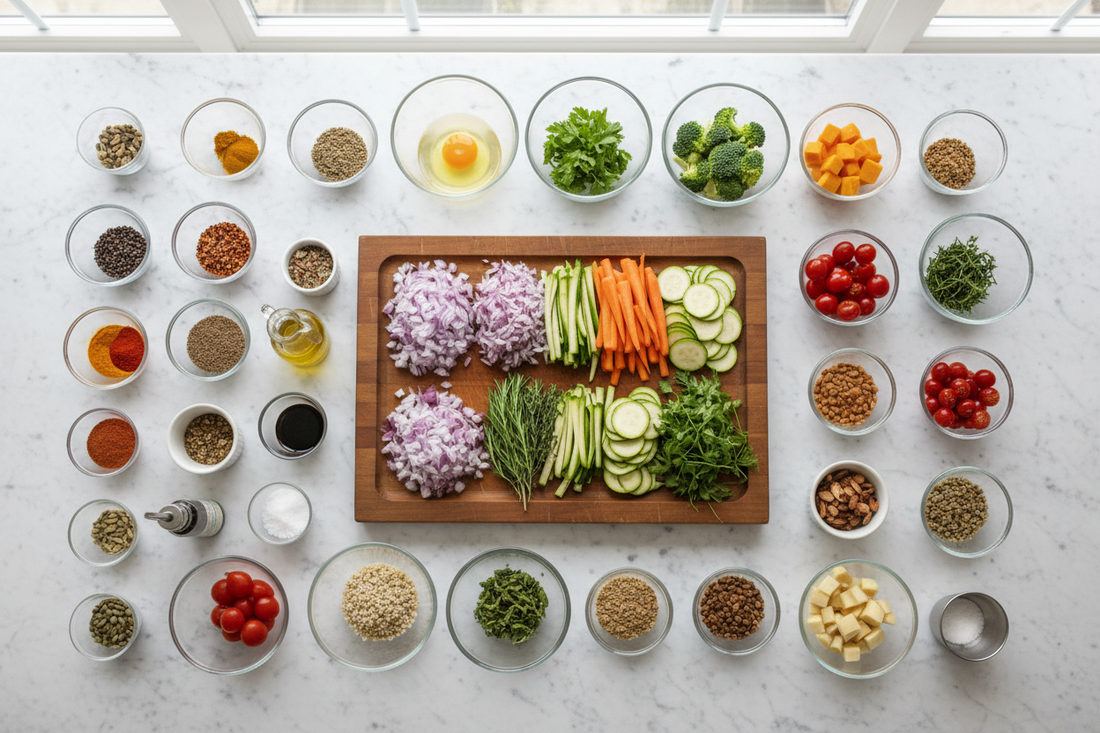 Overhead view of mise en place with ingredients organized in small bowls on marble counter demonstrating professional cooking preparation