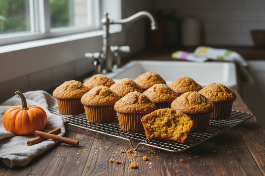 Freshly baked pumpkin muffins with tall domed tops and a coarse sugar crust cooling on a wire rack, one broken open to show the moist amber crumb, natural window light, cinnamon stick and small pumpkin alongside, warm home kitchen setting.