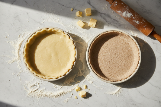 Two unbaked pie crusts side by side in ceramic tart dishes on a floured marble surface — a classic crimped all-butter pastry and a rustic pressed spelt crust — with a rolling pin, cold butter cubes, and