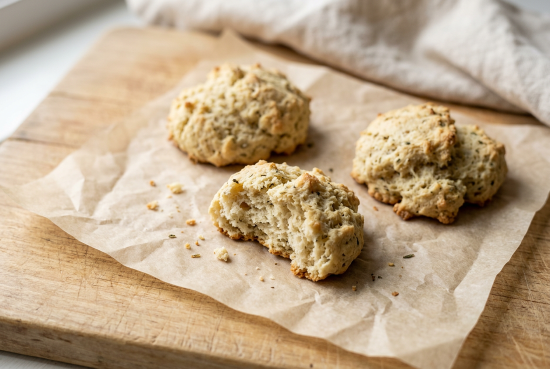 Rustic herb drop biscuits with lightly golden tops on parchment, one broken open to show the tender, herb-flecked crumb.