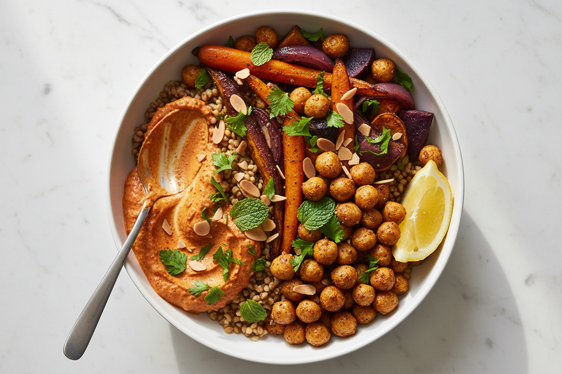 A ras el hanout grain bowl with roasted chickpeas and caramelised vegetables over freekeh, harissa yogurt, fresh parsley and mint, and toasted almonds — North African spice tradition in a complete, nourishing bowl.
