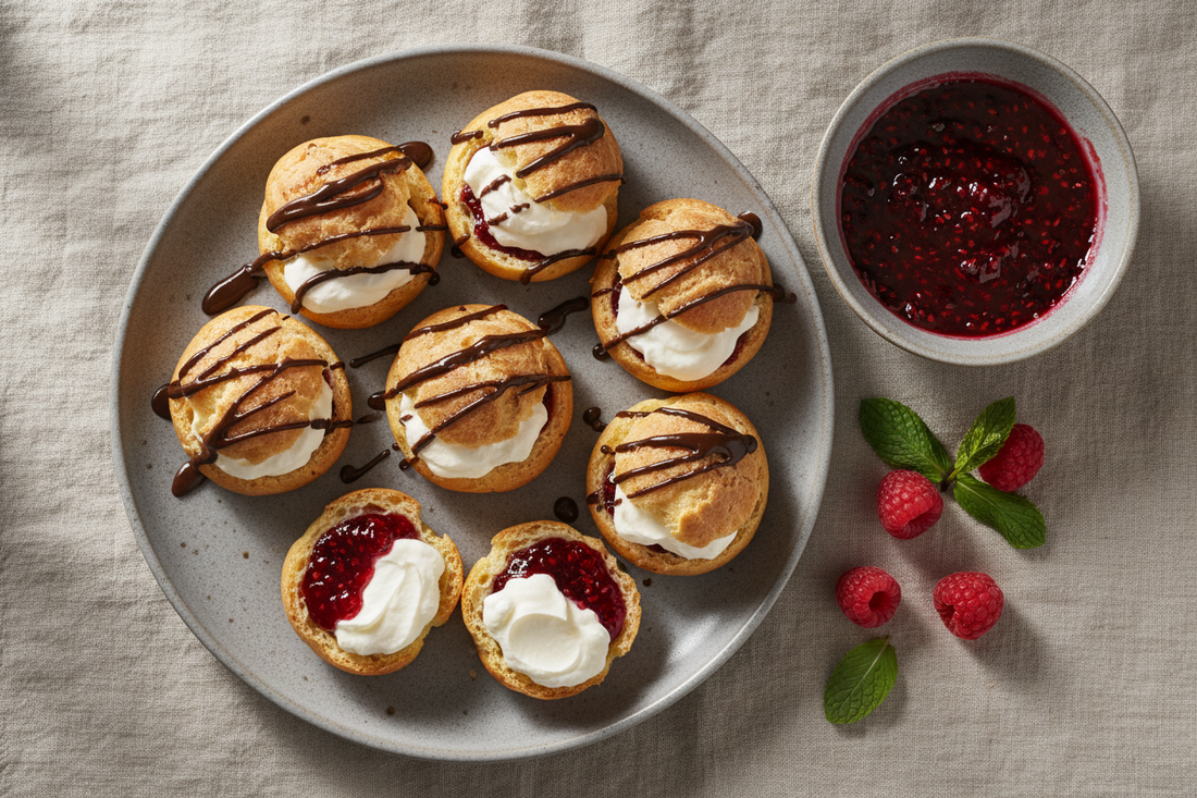 Overhead shot of raspberry jam profiteroles on a ceramic plate, golden choux puffs sliced open to reveal raspberry jam and whipped cream, finished with a dark chocolate drizzle and fresh raspberries alongside.