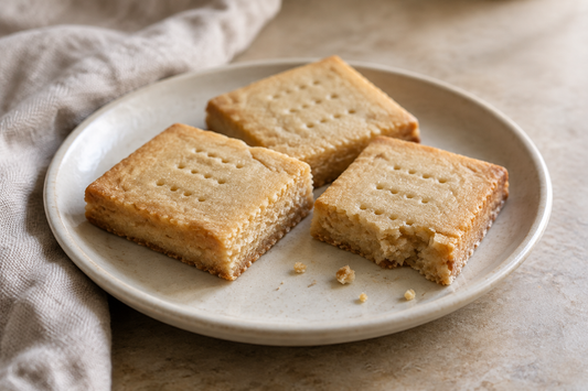 Three homemade brown sugar shortbread squares with lightly golden edges on a cream plate.