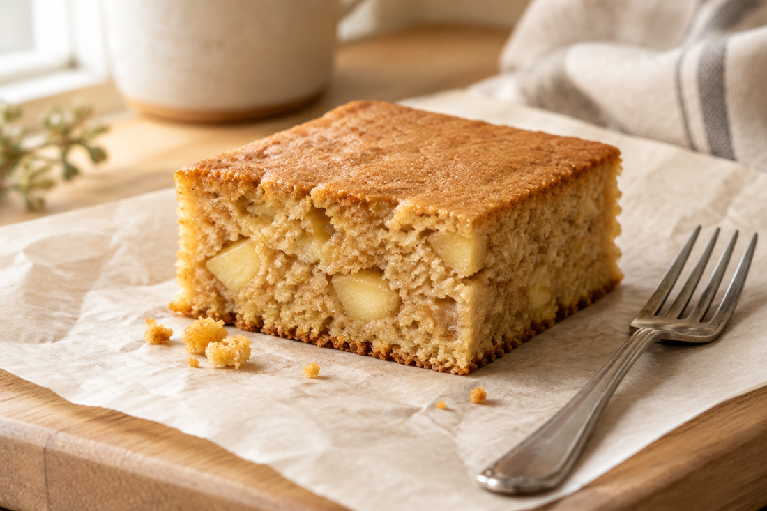 A square of homemade apple cake with a golden top and small apple pieces throughout the crumb, resting on parchment.