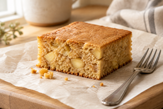 A square of homemade apple cake with a golden top and small apple pieces throughout the crumb, resting on parchment.