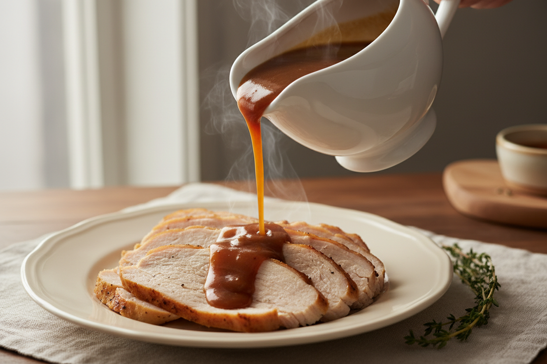 glossy amber gravy pouring from a white ceramic gravy boat over sliced turkey, steam rising, natural side light, fresh thyme