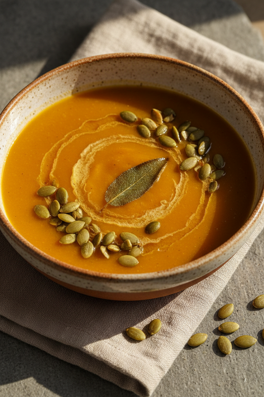 Silky roasted butternut squash soup in a ceramic bowl, finished with a brown butter drizzle, crispy sage leaf and toasted pumpkin seeds