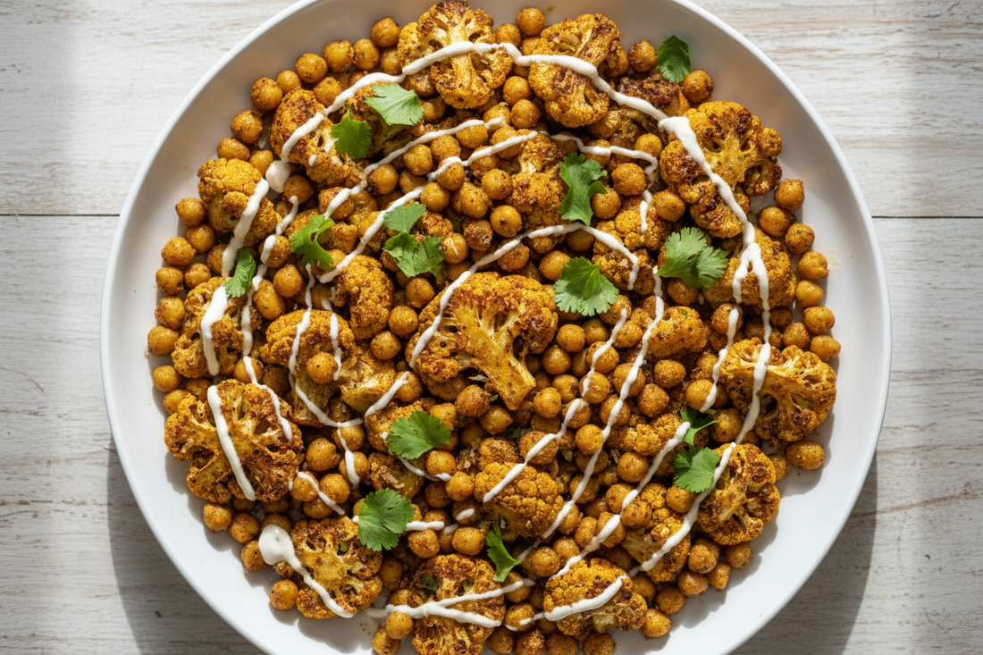 Golden roasted cauliflower florets and crispy chickpeas with Mediterranean spices, garnished with fresh herbs on a white platter - Blue Zones longevity recipe
