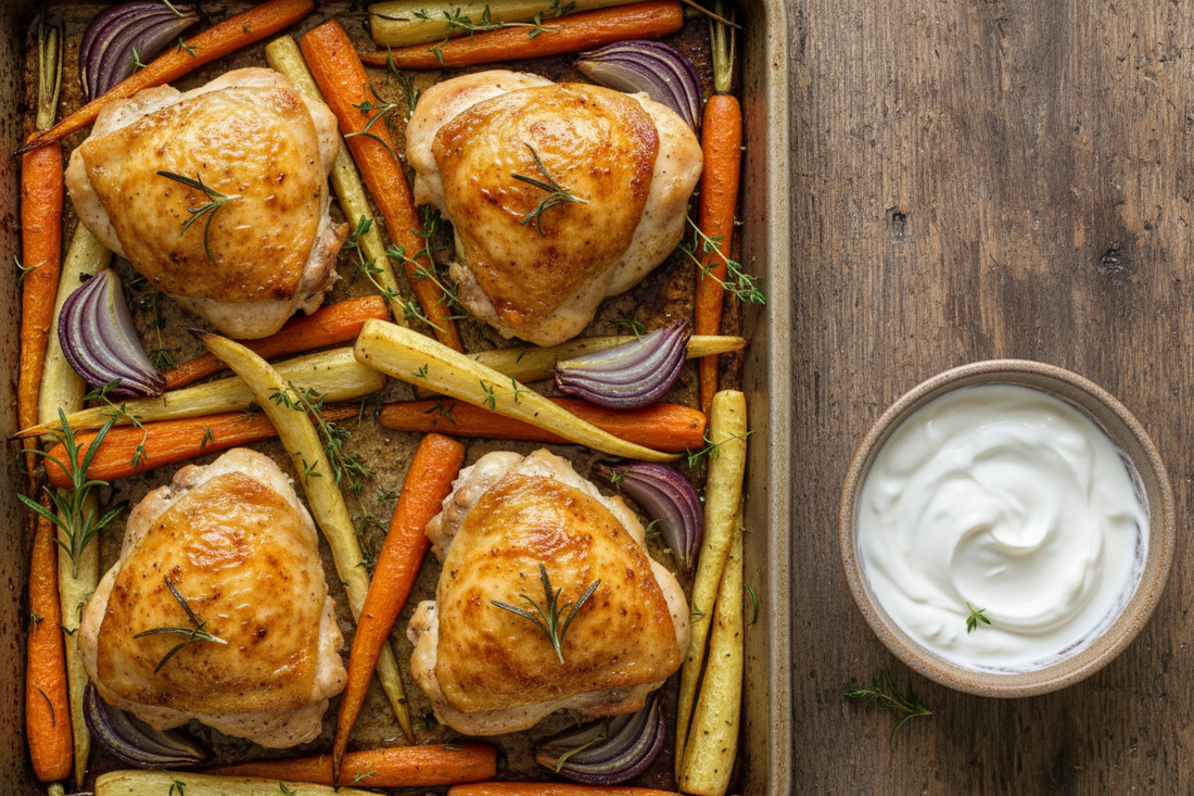 Golden roasted chicken thighs with crispy skin surrounded by caramelized root vegetables and garlic yogurt sauce