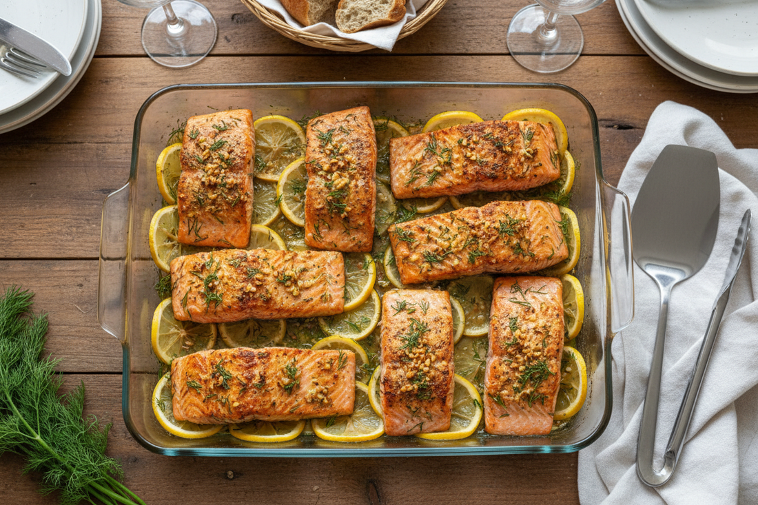 Overhead view of 8 roasted salmon fillets in a 9x13-inch baking dish on a bed of lemon slices with fresh dill and herbs, serving 8-10 people