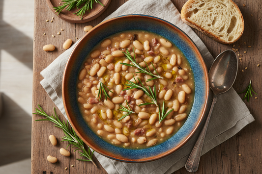 Bowl of creamy navy bean stew with fresh rosemary sprigs in a rustic ceramic bowl