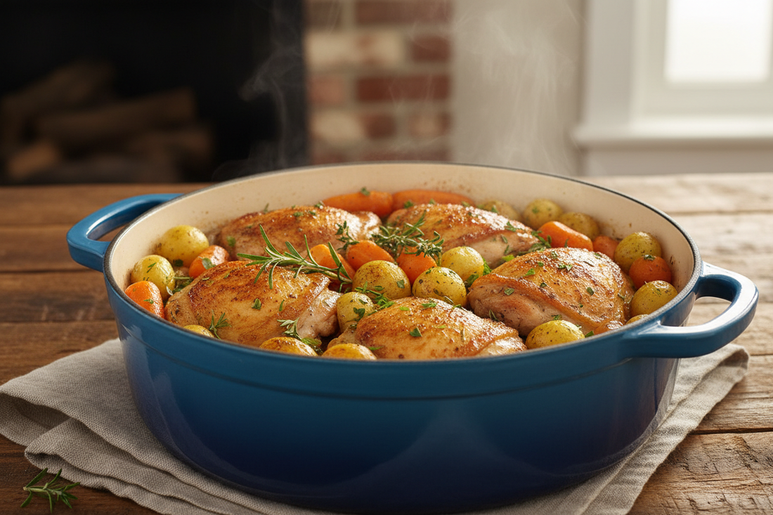 Rustic one-pot chicken and vegetables in Dutch oven with golden-brown chicken thighs, roasted carrots, potatoes, and fresh herbs