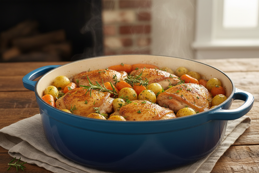 Rustic one-pot chicken and vegetables in Dutch oven with golden-brown chicken thighs, roasted carrots, potatoes, and fresh herbs