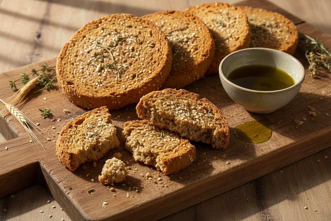 Traditional Cretan barley rusks (paximadia) with sesame seeds and herbs on a wooden board, served with olive oil for dipping - Blue Zones longevity recipe