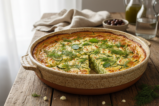 Golden-brown crustless zucchini pie in a baking dish, sliced to show herb-flecked interior with zucchini and feta