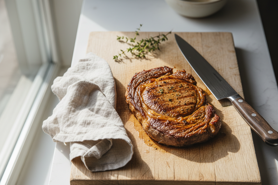 Perfectly seared steak resting on a wooden cutting board with a chef's knife, showing golden-brown crust and natural juices