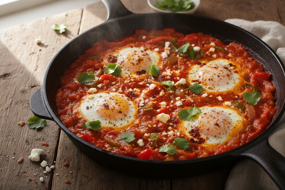Vibrant shakshuka with poached eggs in rich red tomato sauce with peppers and spices in cast iron skillet garnished with fresh herbs and feta cheese