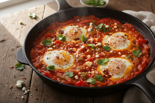 Vibrant shakshuka with poached eggs in rich red tomato sauce with peppers and spices in cast iron skillet garnished with fresh herbs and feta cheese